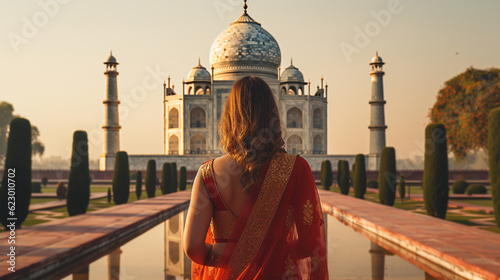 Woman in saree at Taj Mahal, India. ai generative