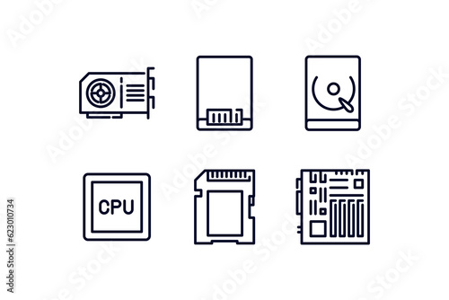 Computer components related line icon set. 