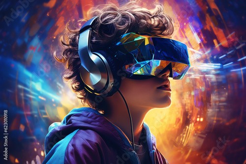 Digital technologies of the future. Boy wearing virtual reality glasses illustration. ai generative