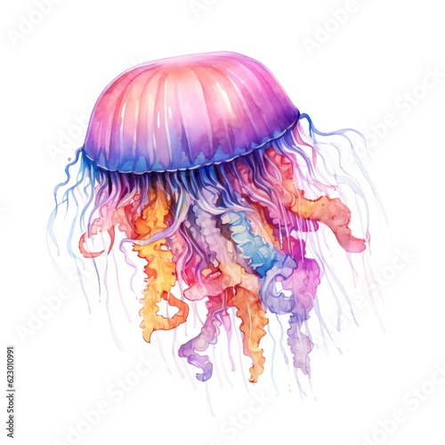 Watercolor Jellyfish on white background Generative AI