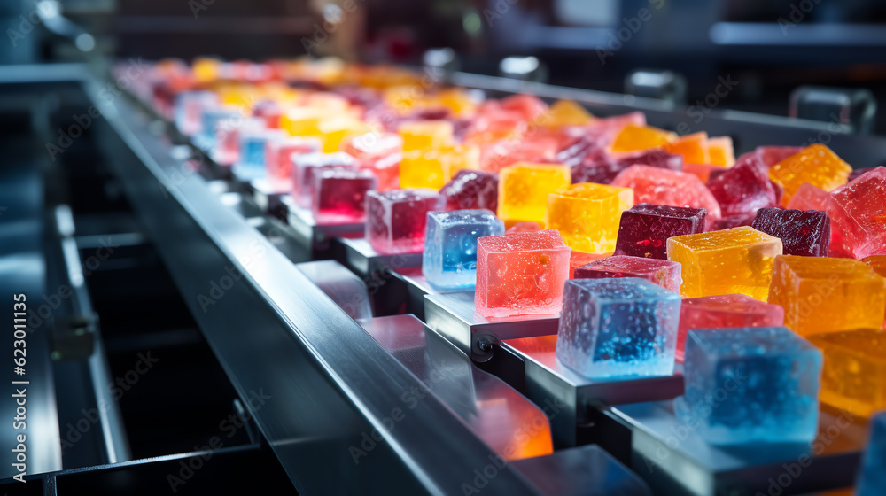 Obraz premium tape sweets, candied fruits, in the food industry, products ready for automatic packaging. Concept with automated food production.ai generative
