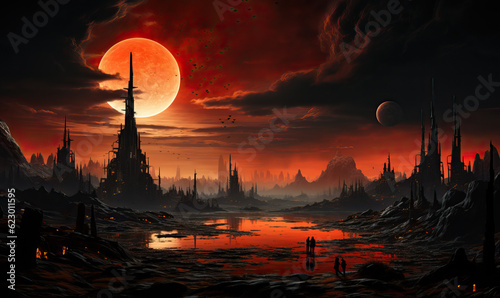 Galactic fantasy landscape. Fiery landscape of the planet.