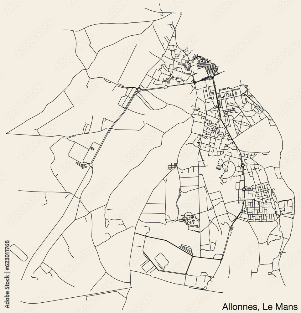 Detailed hand-drawn navigational urban street roads map of the ALLONNES COMMUNE of the French city of LE MANS, France with vivid road lines and name tag on solid background