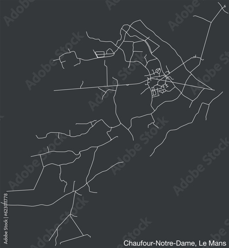 Detailed hand-drawn navigational urban street roads map of the CHAUFOUR-NOTRE-DAME COMMUNE of the French city of LE MANS, France with vivid road lines and name tag on solid background