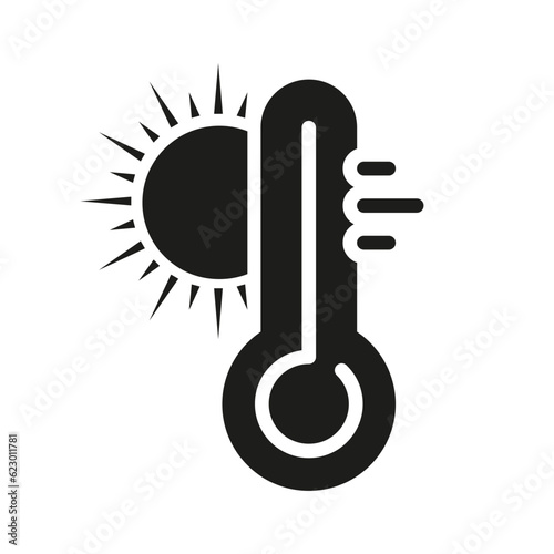 Thermometer with Sun Silhouette Icon. Hot Temperature Glyph Pictogram. Heat Sunny Day Symbol. Climate Change, Warm Weather, Global Warming Solid Sign. Isolated Vector Illustration