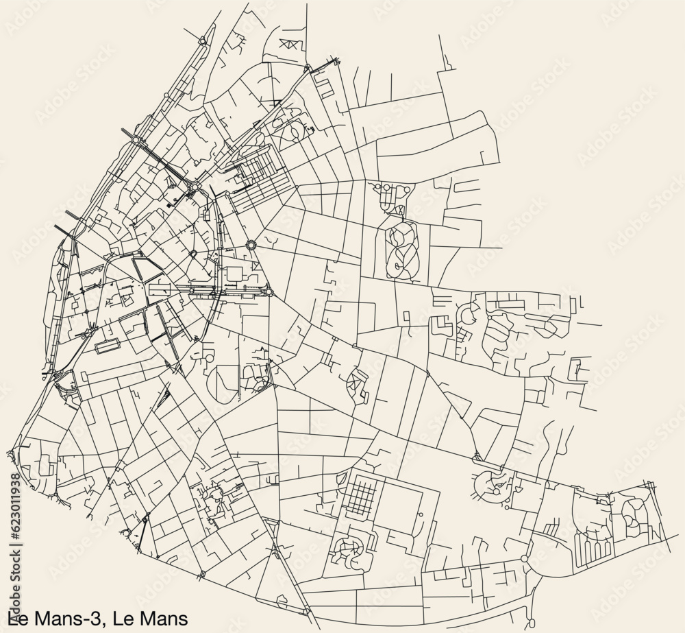 Detailed hand-drawn navigational urban street roads map of the LE MANS-3 CANTON of the French city of LE MANS, France with vivid road lines and name tag on solid background