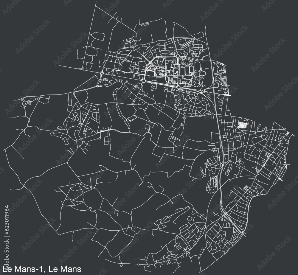 Detailed hand-drawn navigational urban street roads map of the LE MANS-1 CANTON of the French city of LE MANS, France with vivid road lines and name tag on solid background