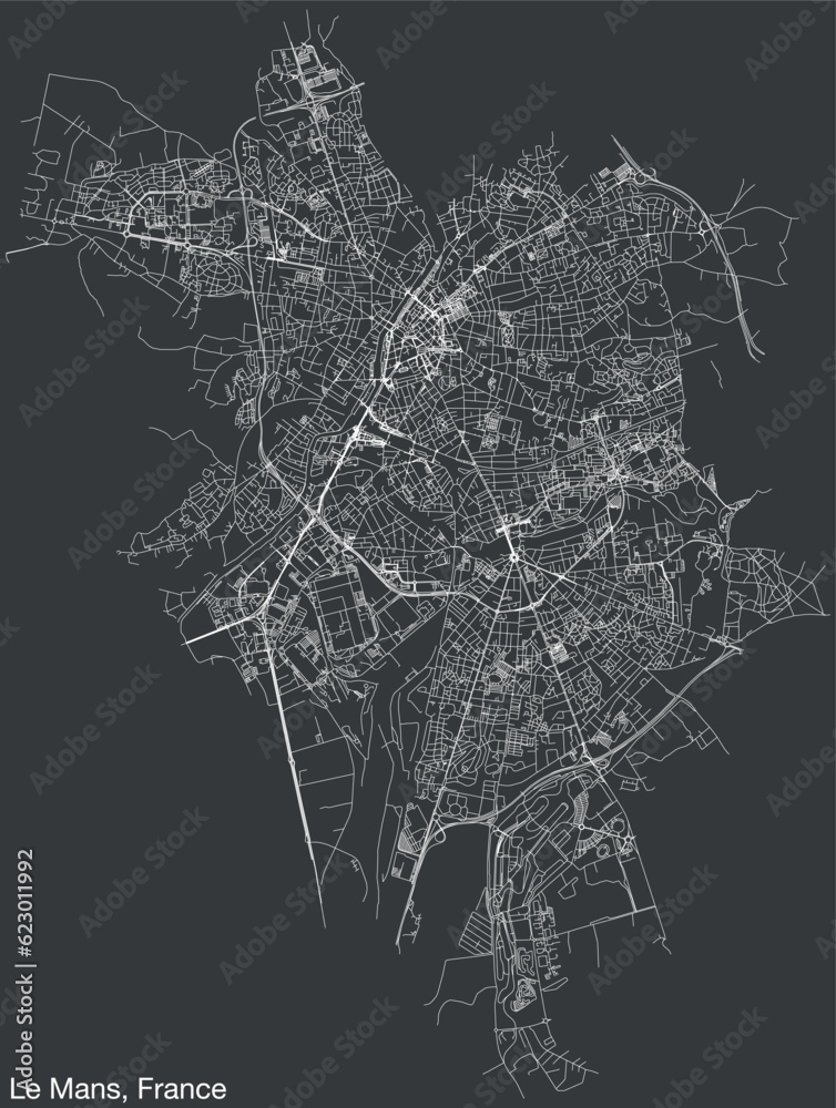 Detailed hand-drawn navigational urban street roads map of the French city of LE MANS, FRANCE with solid road lines and name tag on vintage background