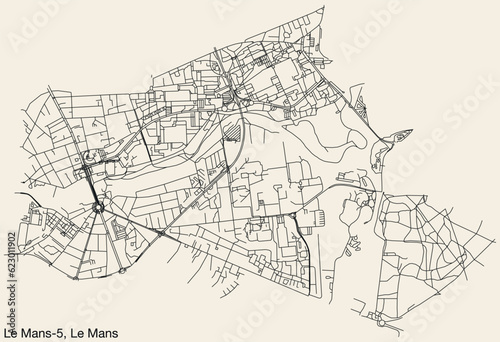 Detailed hand-drawn navigational urban street roads map of the LE MANS-5 CANTON of the French city of LE MANS, France with vivid road lines and name tag on solid background