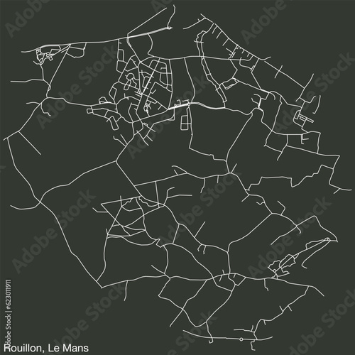 Detailed hand-drawn navigational urban street roads map of the ROUILLON COMMUNE of the French city of LE MANS, France with vivid road lines and name tag on solid background