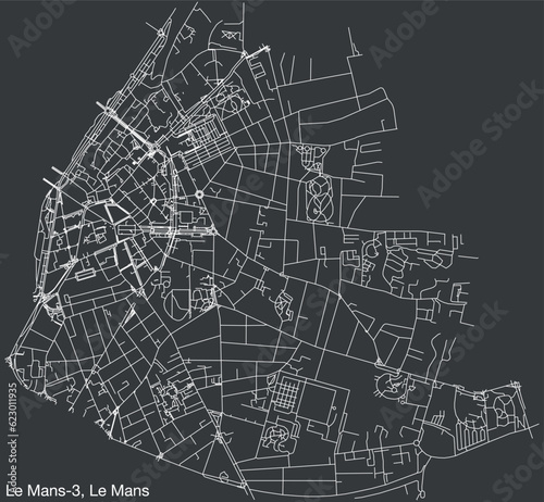 Detailed hand-drawn navigational urban street roads map of the LE MANS-3 CANTON of the French city of LE MANS, France with vivid road lines and name tag on solid background