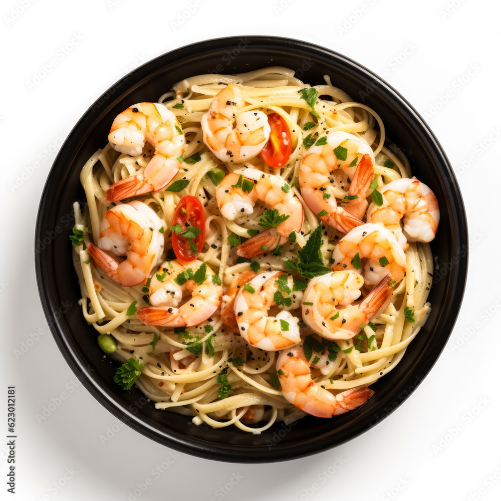 Shrimp Scampi Pasta in a black bowl top view isolated on white background Shrimp Scampi Pasta in a black bowl top view isolated on white background