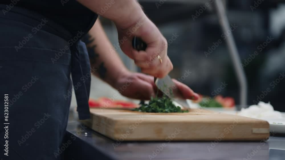 Cook Chopping Greenery For Salad In Restaurant Kitchen, Closeup View Of Male Hands Cook Chopping Greenery For Salad In Restaurant Kitchen, Closeup View Of Male Hands