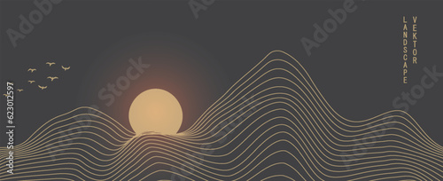 Vector abstract art landscape mountain with birds and sunrise sunset by golden line art texture isolated on dark grey black background. Minimal luxury style for wallpaper, wall art decoration.