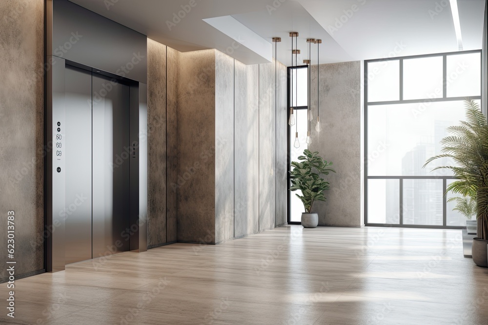 custom made wallpaper toronto digitalTwo gray elevators are located in an empty office foyer. Concrete flooring and white walls. a mockup. Generative AI