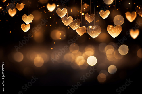 Bokeh in the form of hearts on a black background. Background with bokeh. Background for valentine is day, for overlay. Generative AI