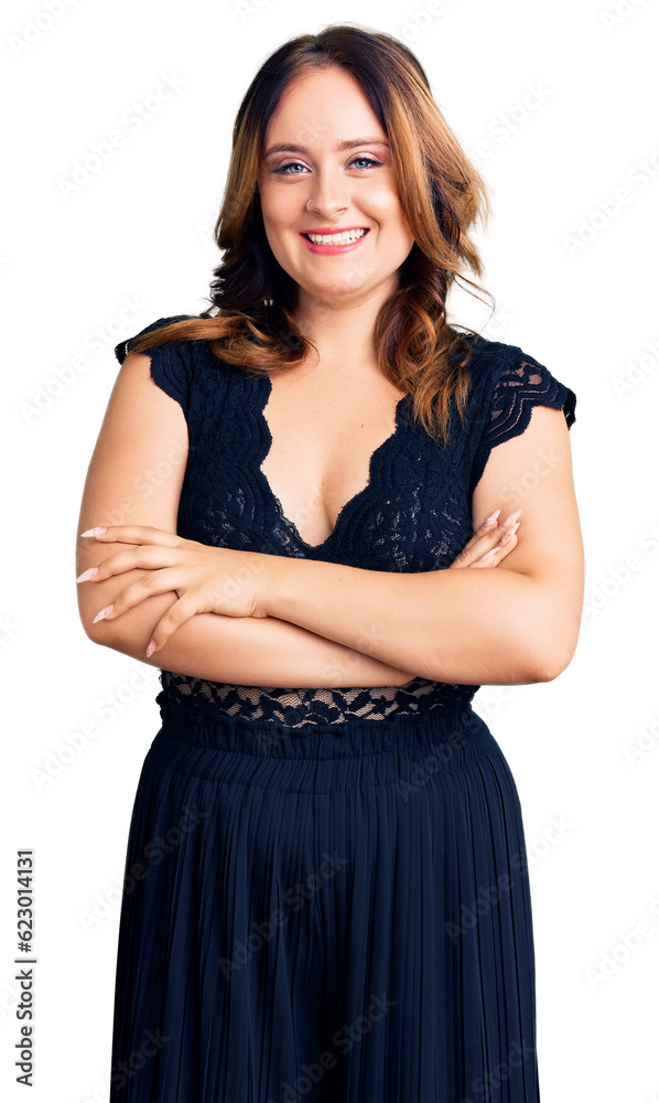 Young beautiful caucasian woman wearing elegant dress happy face smiling with crossed arms looking at the camera. positive person.