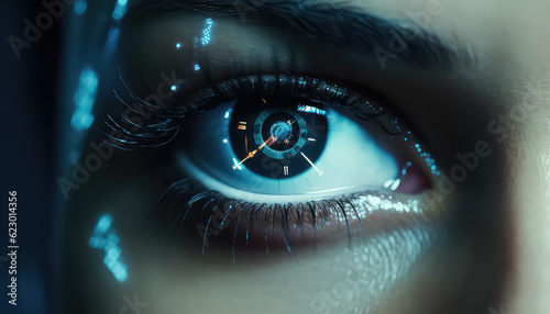 Close-up of male eye with HUD display, concept of augmented reality and biometric recognition.