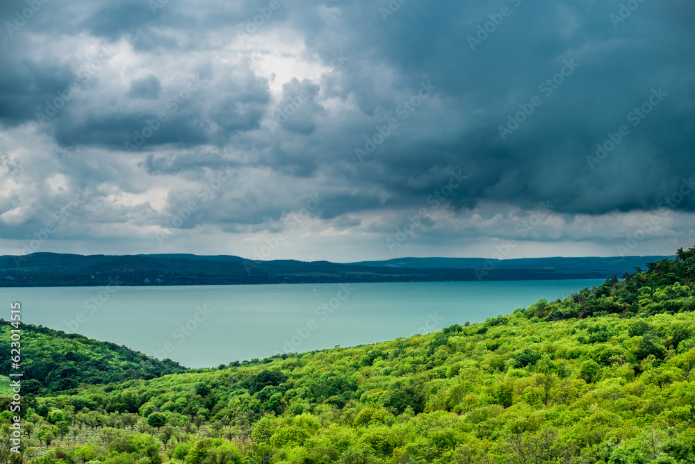 View to Lake Balaton from Tihany peninsula, Watchtower-lookout. Tihany peninsula with small lake, Hungary