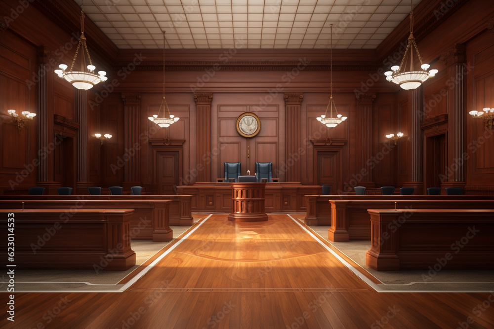Empty American style courtroom. Supreme Court of Justice and Court of First Instance