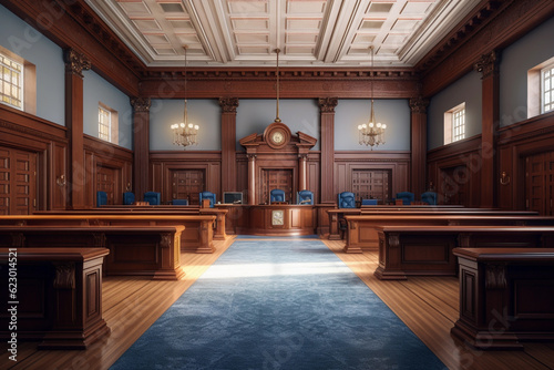 Empty American style courtroom. Supreme Court of Justice and Court of First Instance