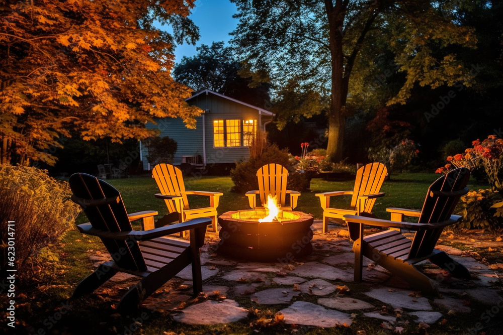 Outdoor fire pit in the backyard with lawn chairs seating on a summer night,