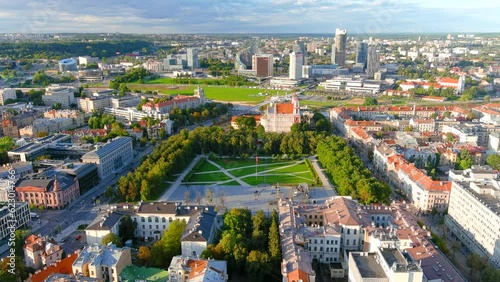 Aerial sunset view of newly renovated Lukiskes square, Vilnius, Lithuania photo