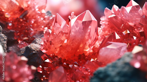 Amazing bright and shiny Rhodochrosit crystal cluster background. Jewel mineral detailed macro. Generative AI photo