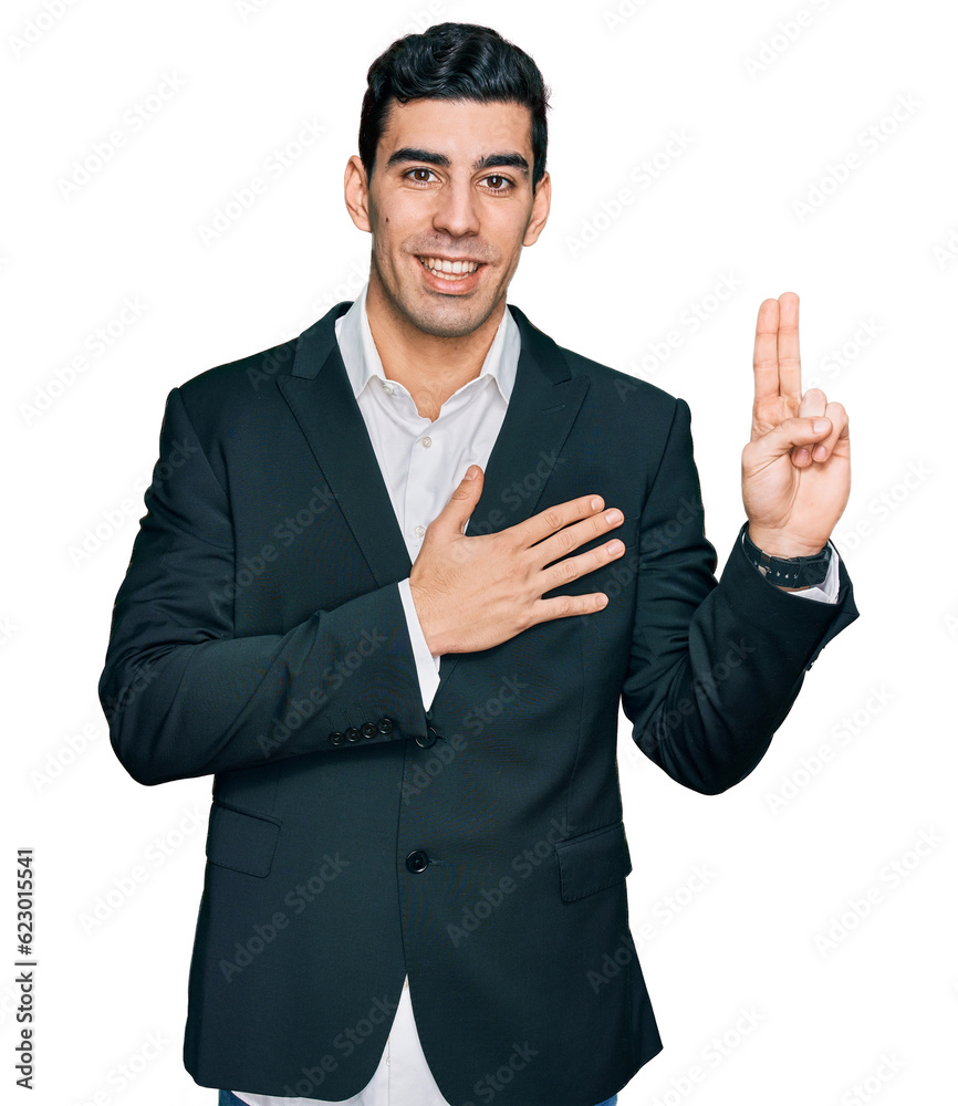 Handsome hispanic man wearing business clothes smiling swearing with hand on chest and fingers up, making a loyalty promise oath Handsome hispanic man wearing business clothes smiling swearing with hand on chest and fingers up, making a loyalty promise oath