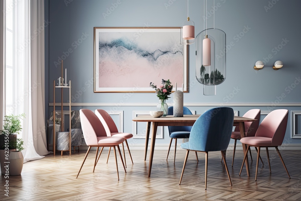A mock up of a contemporary blue dining room with pink seats, a marble table, and empty wall frames. Generative AI A mock up of a contemporary blue dining room with pink seats, a marble table, and empty wall frames. Generative AI