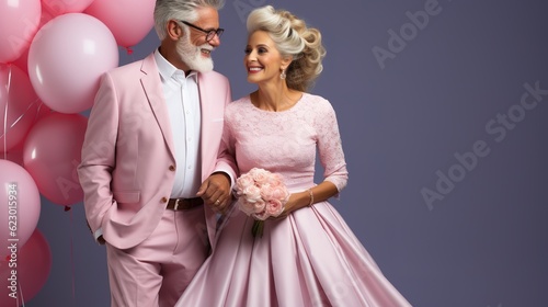 Fashionably Dressed Elderly Couple Embracing Joy with Balloons. Generative AI