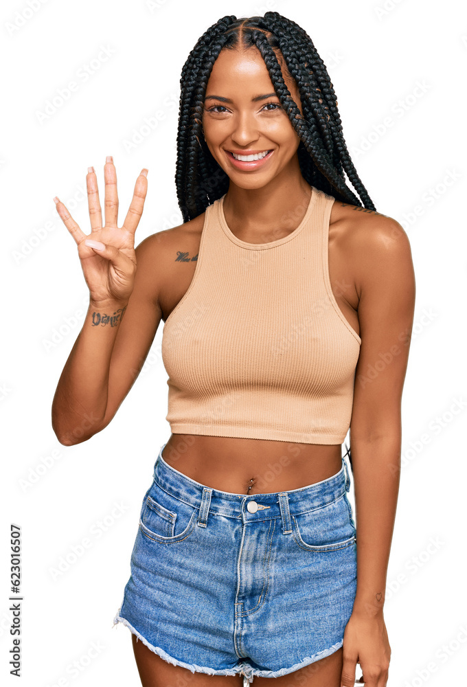 Beautiful hispanic woman wearing casual clothes showing and pointing up with fingers number four while smiling confident and happy. Beautiful hispanic woman wearing casual clothes showing and pointing up with fingers number four while smiling confident and happy.