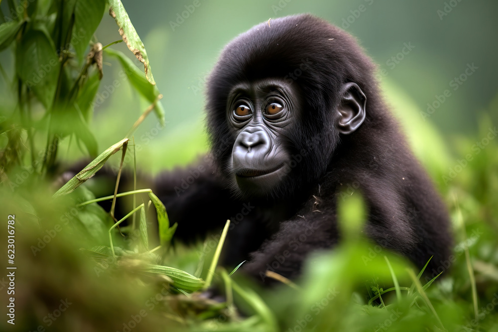Obraz premium Adorable Baby mountain gorilla playing in the forest. Amazing African Wildlife. Generative Ai