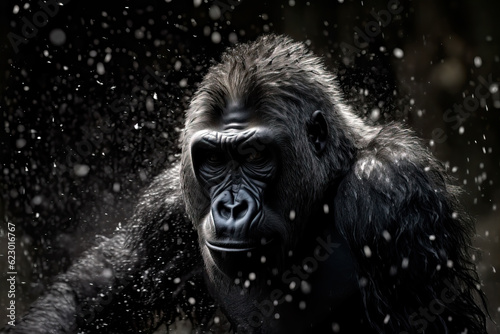 Close-up of Silverback mountain gorilla under the snow. Amazing African Wildlife. Generative Ai