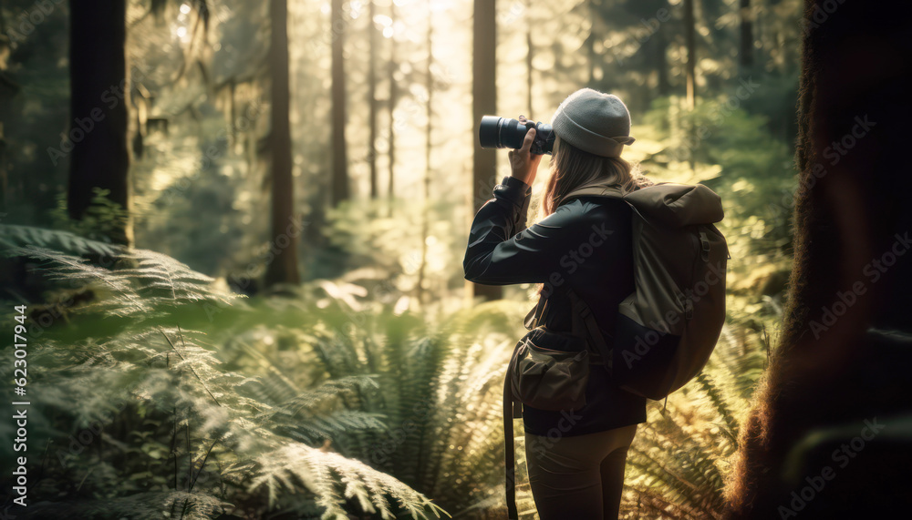Capturing nature beauty woman explores the enchanting woodland with her camera. Generative AI Capturing nature beauty woman explores the enchanting woodland with her camera. Generative AI