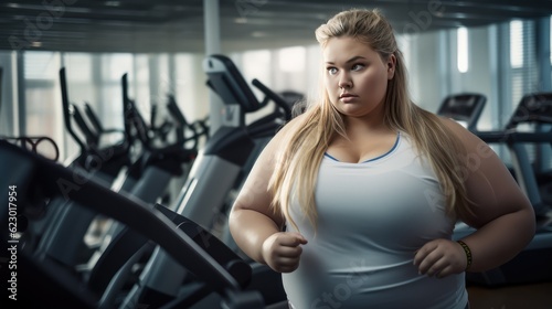 Sporty and Proud: Overweight Woman's Gym Workout Showcasing Body Positivity, Fitness Commitment, and Health Consciousness. Generative AI