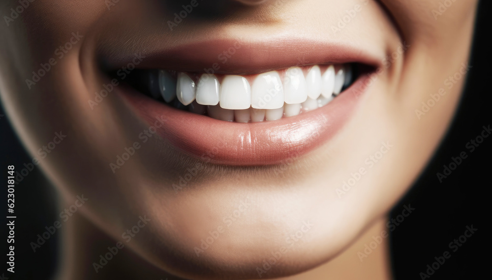 Fototapeta premium Smiling young adult woman portrait with close-up of lips and smiley teeth face, adorned with stunning makeup, exudes confidence. Her lips, teeth, and nose are beautifully highlighted. Generative AI