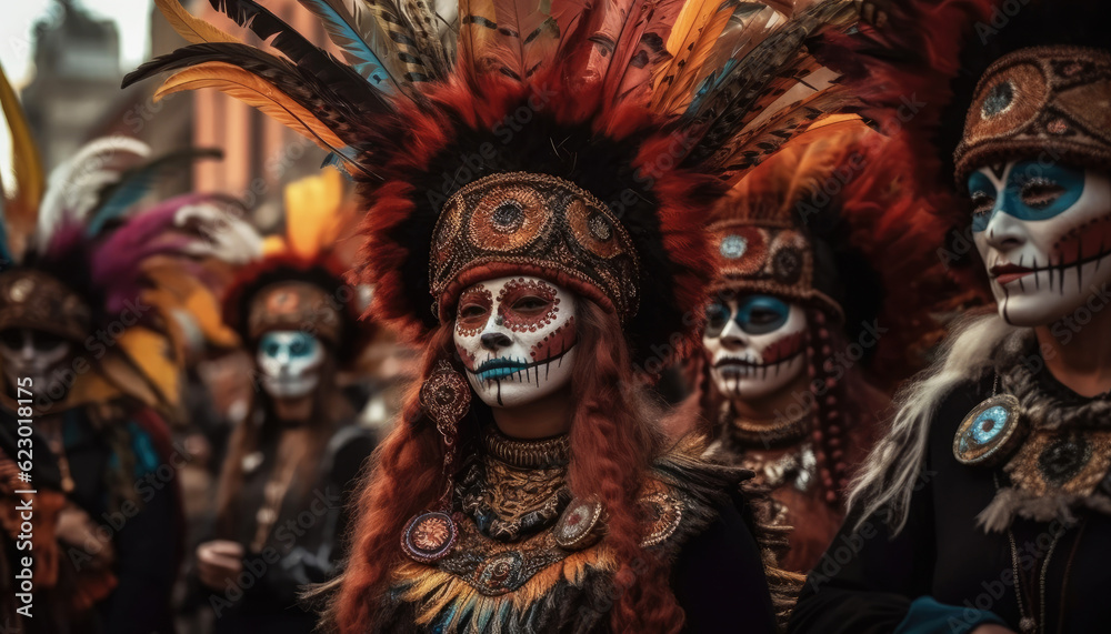 Adult with colorful face paint embodies Mexican tradition and Festival of dead or Day of the Dead celebration at a lively festival. Generative AI