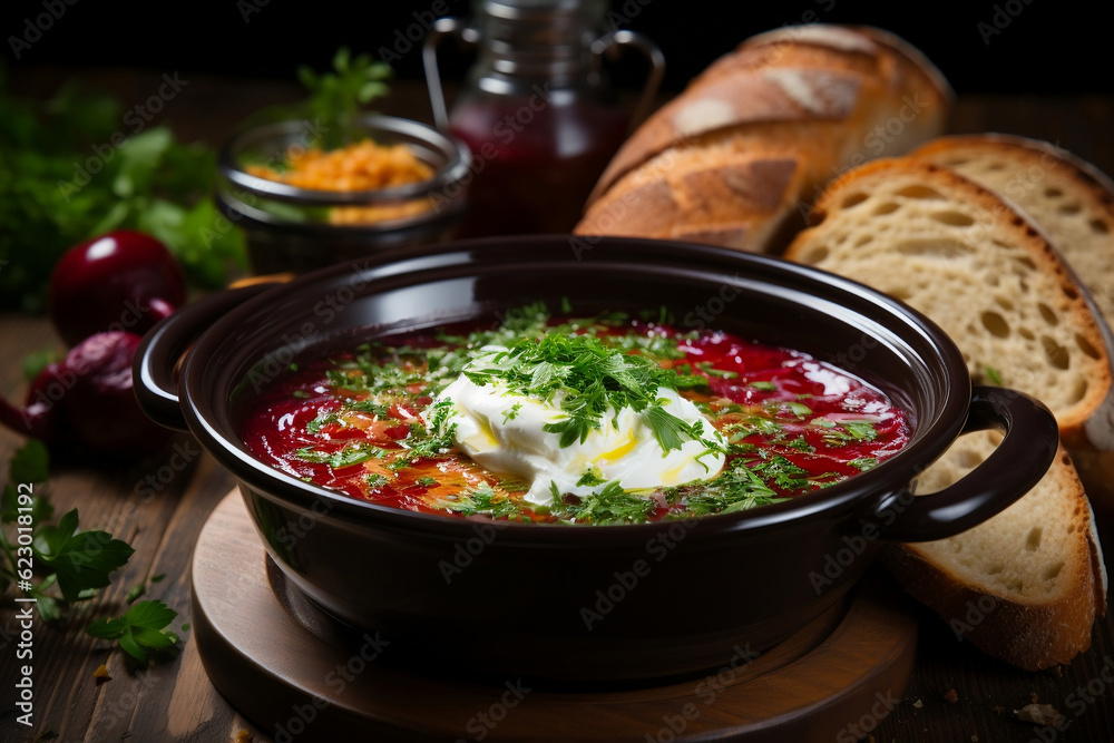 A bowl of borscht soup, vegetables, bread and greens lie nearby. AI A bowl of borscht soup, vegetables, bread and greens lie nearby. AI