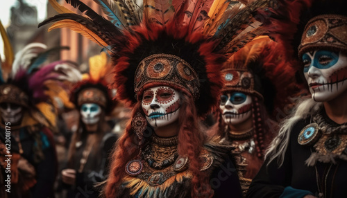 Adult with colorful face paint embodies Mexican tradition and Festival of dead or Day of the Dead celebration at a lively festival. Generative AI © Virtual Art Studio