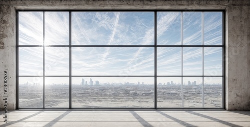 big window in a warehouse  building. Empty warehouse city view