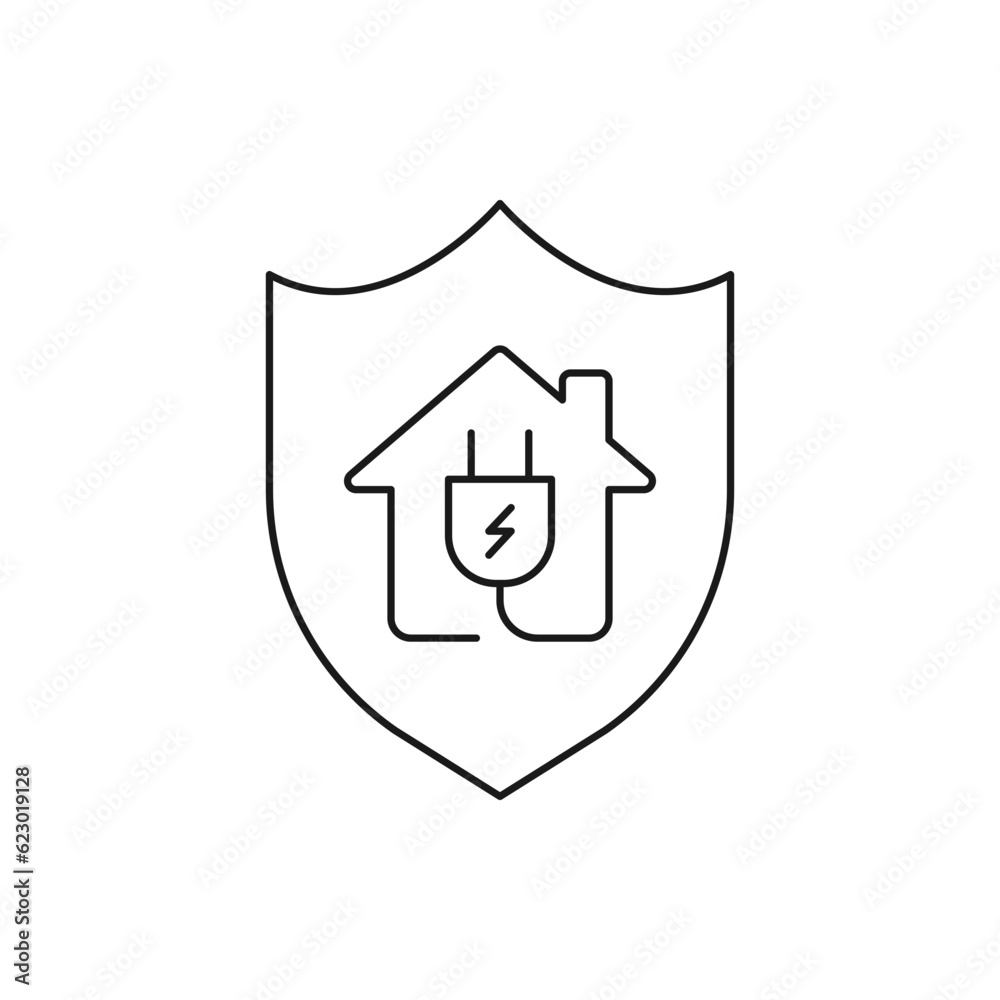 Home electricity power protection. House and electric plug with shield line icon isolated on white background. Vector illustration Home electricity power protection. House and electric plug with shield line icon isolated on white background. Vector illustration
