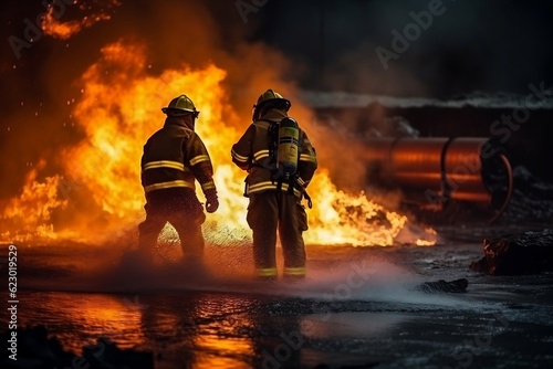 Firefighter Training Fireman Using Water and Extinguisher Techniques. Generative AI