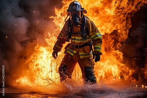 Firefighter Training Fireman Using Water and Extinguisher Techniques. Generative AI