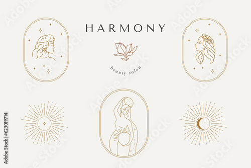 Abstract logo template with images of female, sunset, ocean, moon, flower crystals and arches. Modern minimal set of linear icons and emblems for social media, accommodation rental and travel services