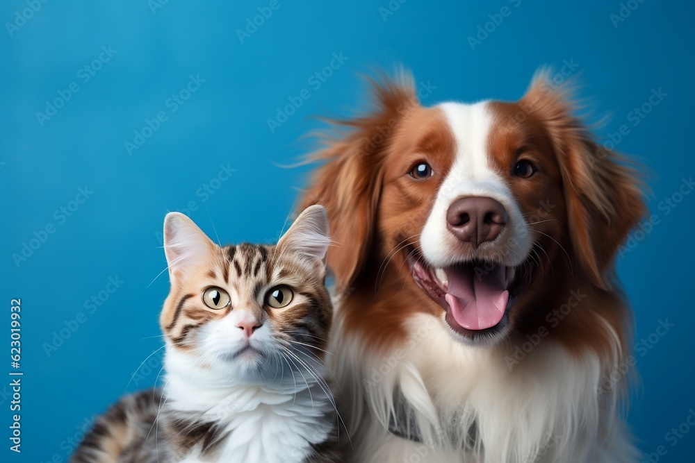 Blissful Pet Companions Happy Dog and Cat on Blue Background - Animals Love. Generative AI