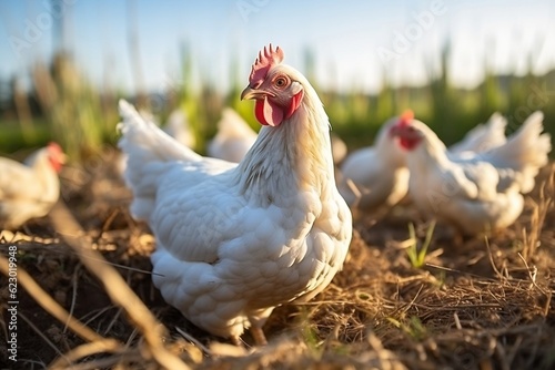 Hen and Chicks Outdoor Pasture Scene in the Sun. Generative AI
