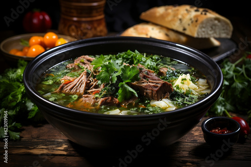 Soup with meat and vegetables, bread and greens are nearby. Dark background. AI