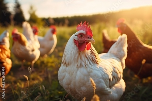 Hen and Chicks Outdoor Pasture Scene in the Sun. Generative AI