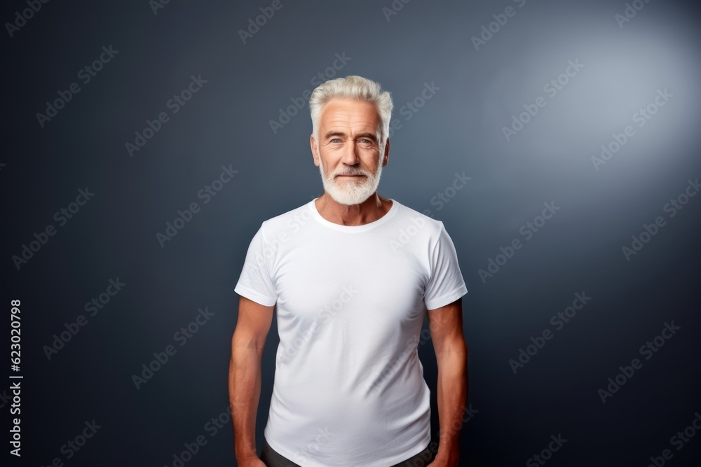 Fictional handsome old male model wearing a plain white t-shirt. Isolated on colored background. Generative AI illustration. Fictional handsome old male model wearing a plain white t-shirt. Isolated on colored background. Generative AI illustration.